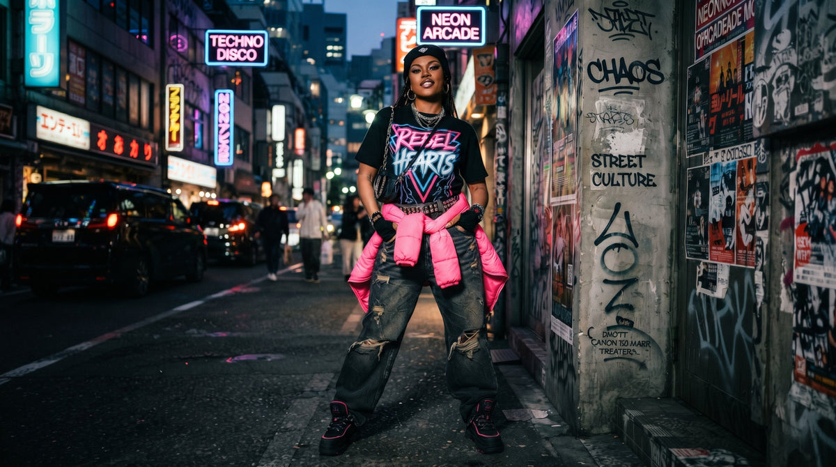Women's graphic streetwear tee styled in Tokyo neon streets — DreamTeesCo