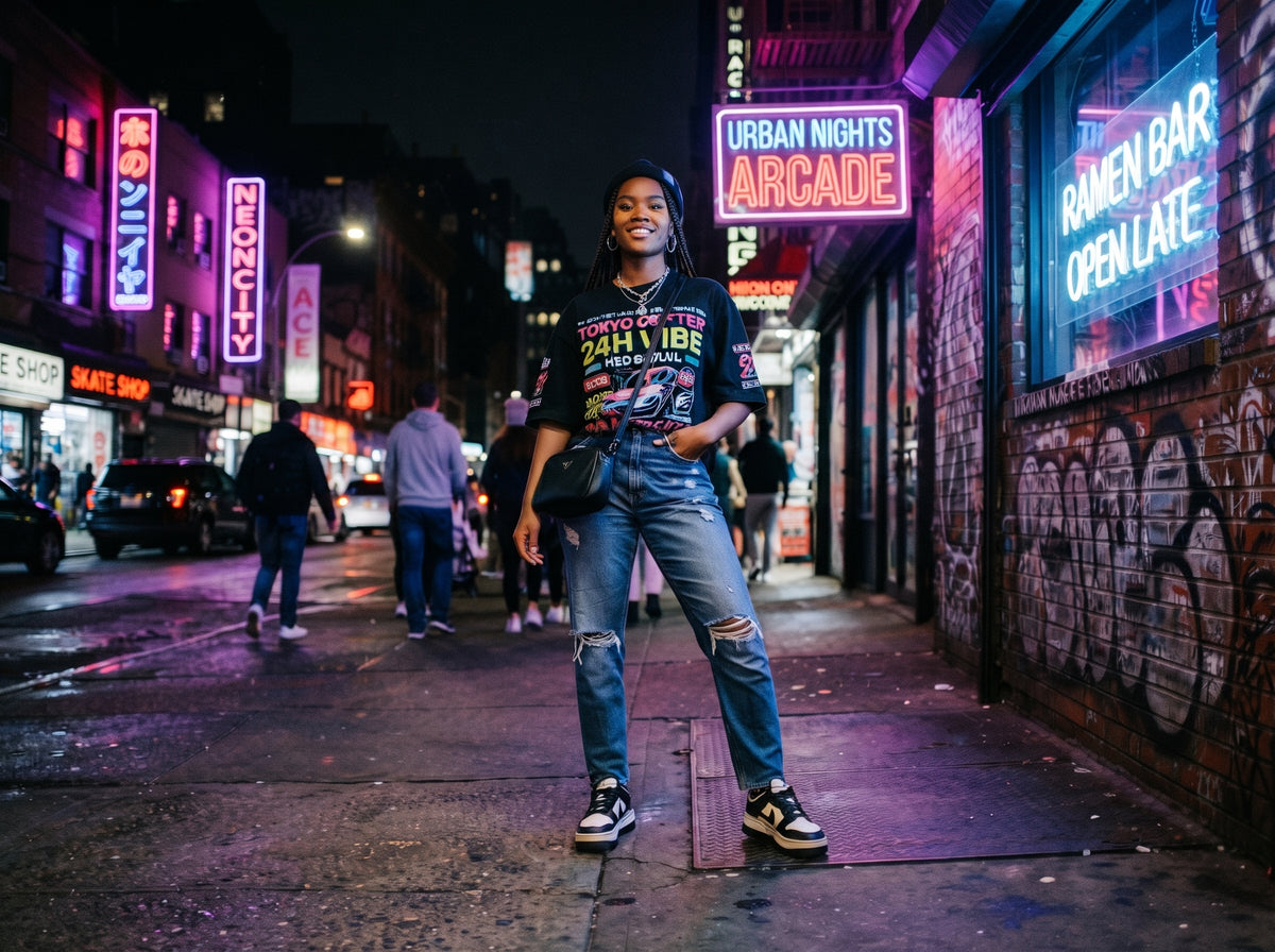 Women's streetwear graphic tee neon city style — DreamTeesCo